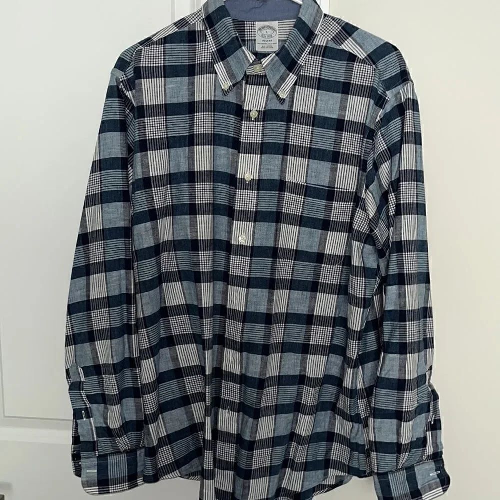 Brooks Brothers Regent model Blue Check Plaid Tartan LS Cotton casual shirt L